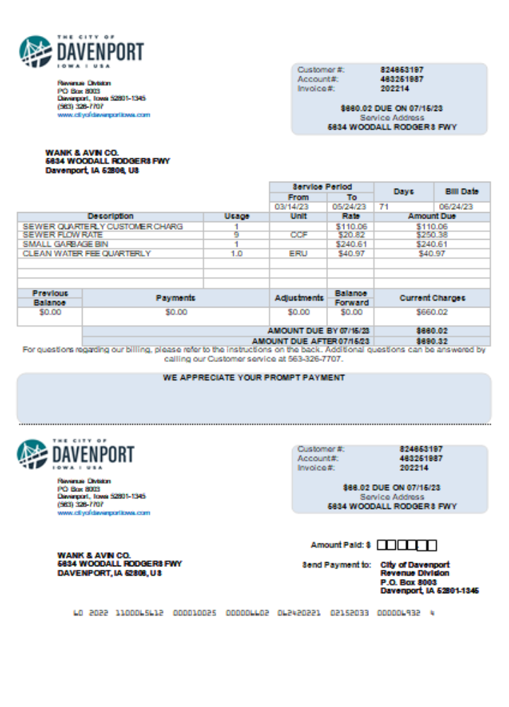 Iowa City of Davenport utility business bill, Word and PDF template scr PSD template